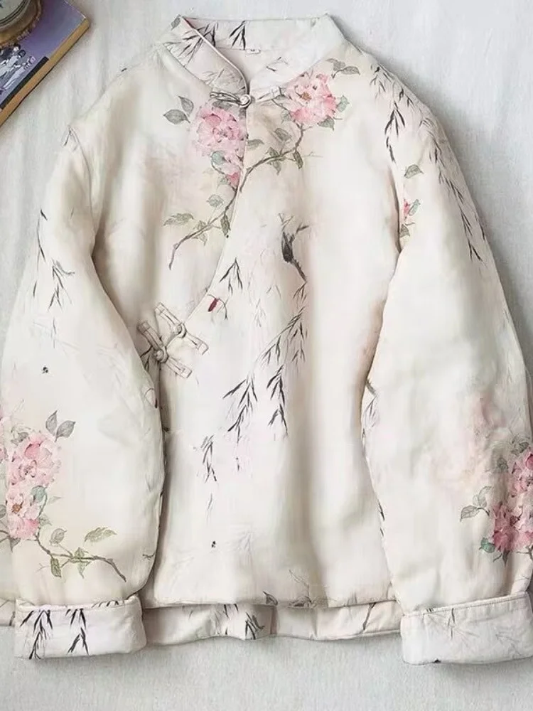 Cotton Linen Short Coat Women's Winter Jacket with Buttoned Side Slits Floral Print Stand Collar Thickened Long Sleeve Coat