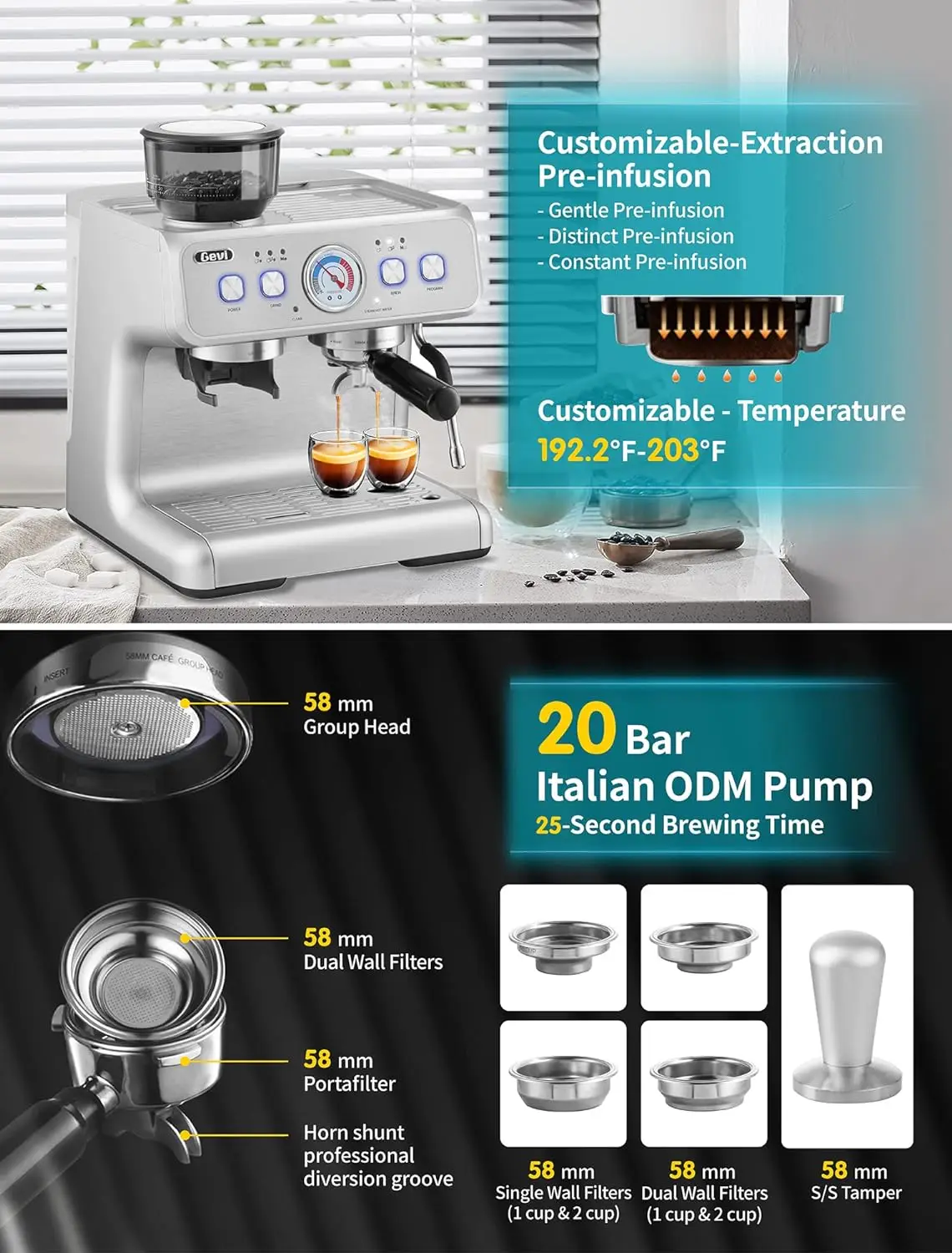 Gevi-máquina de Espresso con molinillo y varita de vapor, máquina de Espresso todo en uno con molinillo para el hogar, 20 Bar