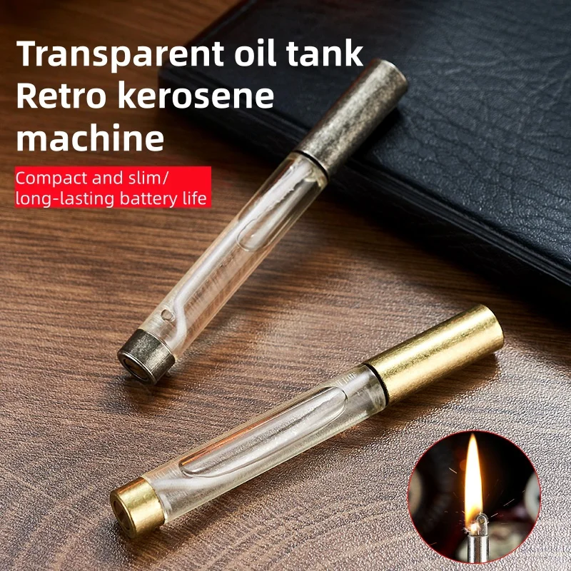 

Creative Personalized Retro Grinding Wheel Lighter Open Flame Long Transparent Oil Tank That Can Be Placed In Cigarette Box