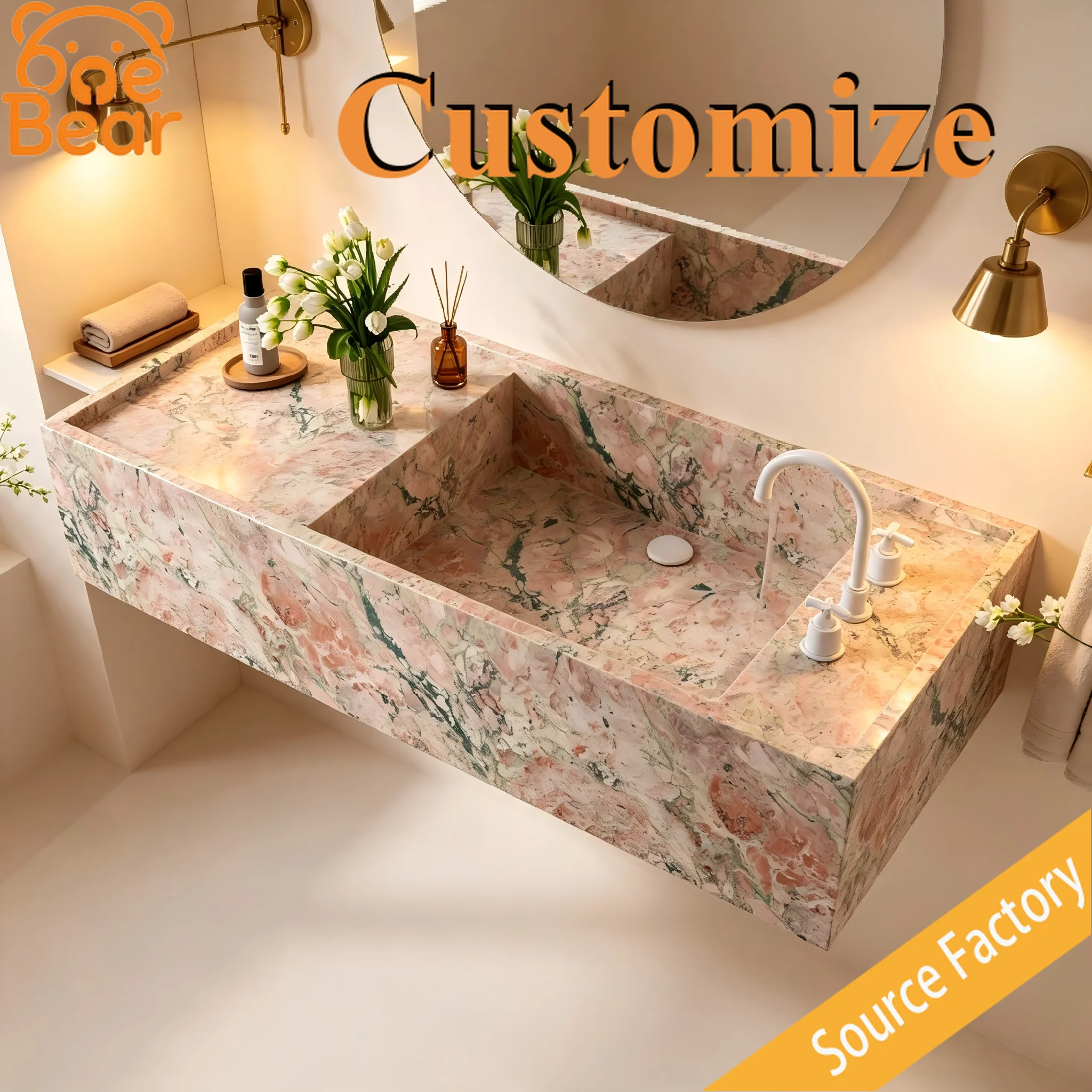 Custom Natural Marble Integrated Sink, Floating Wall Hung Vanity Basin, Natural Veins Easy Clean for Hotel Commercial Bathroom