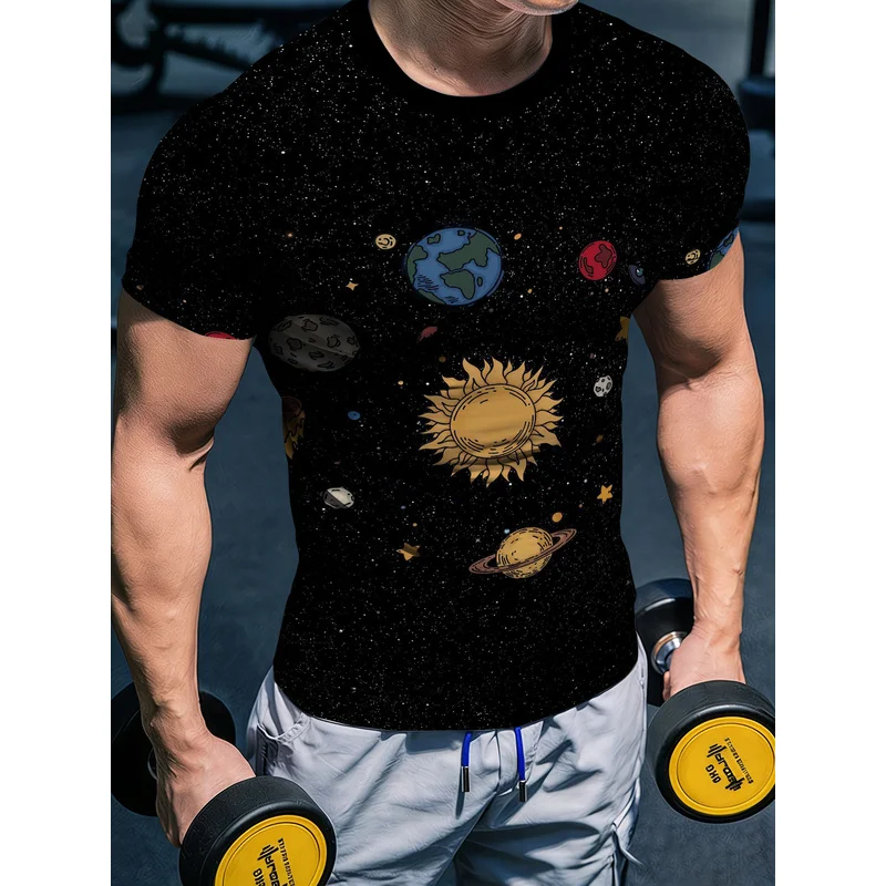 Men's slim-fit athletic short-sleeved shirt with a black starry sky backgroundTT-shirt cartoon solar system planets universe