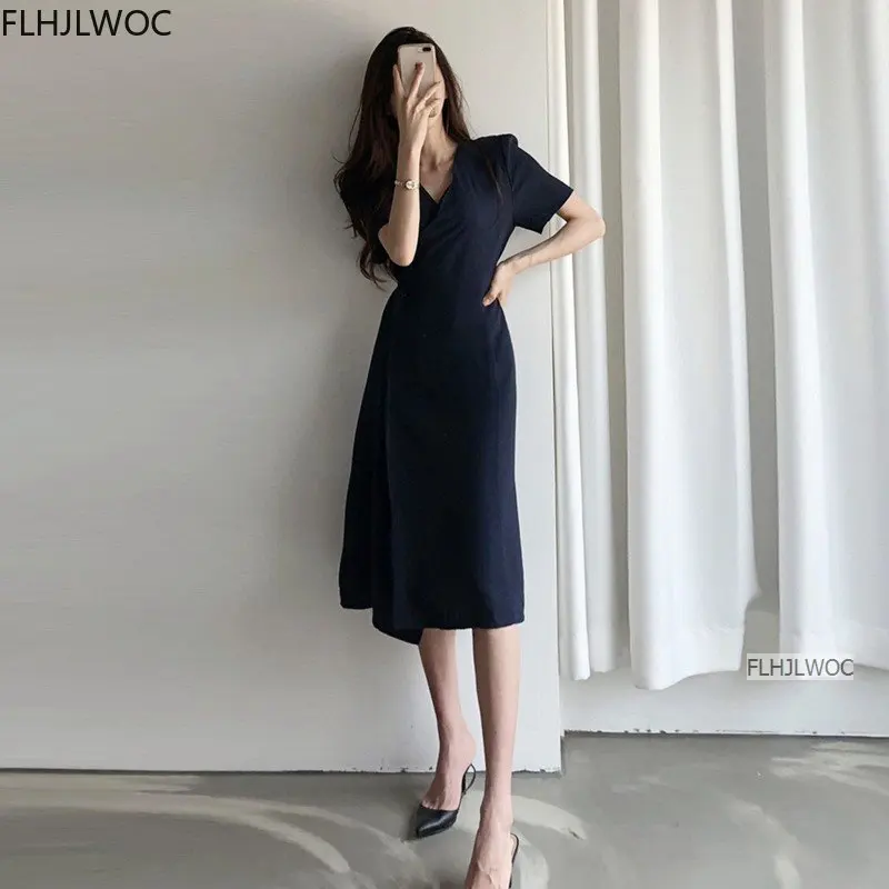 South Korea chic Midi Dress Women Summer Japan Style Retro Vintage Design Solid Button Shirt Dress Cotton Linen Flhjlwoc Vestido