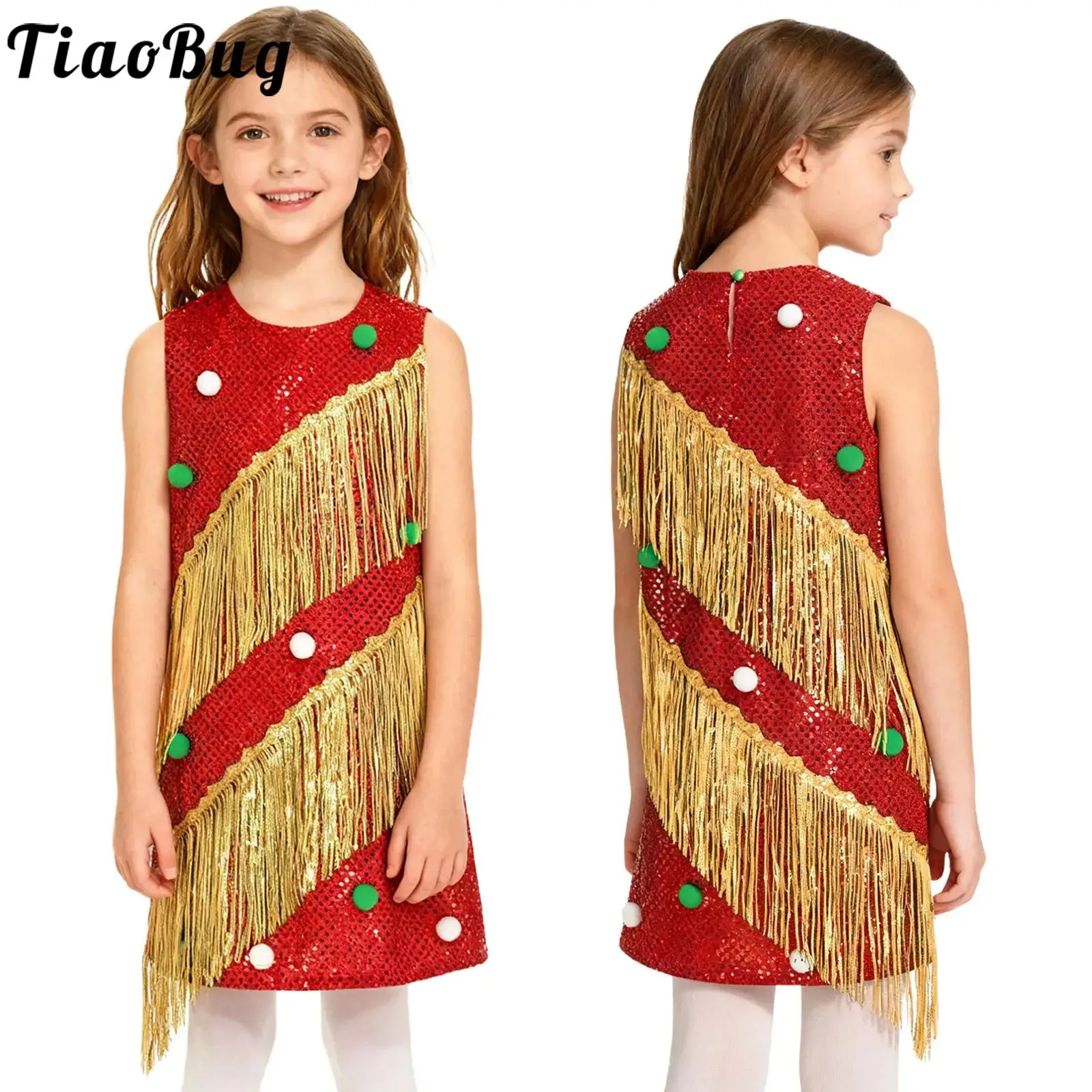 

Girls Christmas Tree Christmas Costumes Latin Jazz Dance Dress Sleeveless Shiny Sequins Tassels Dress for Xmas Carnival Party