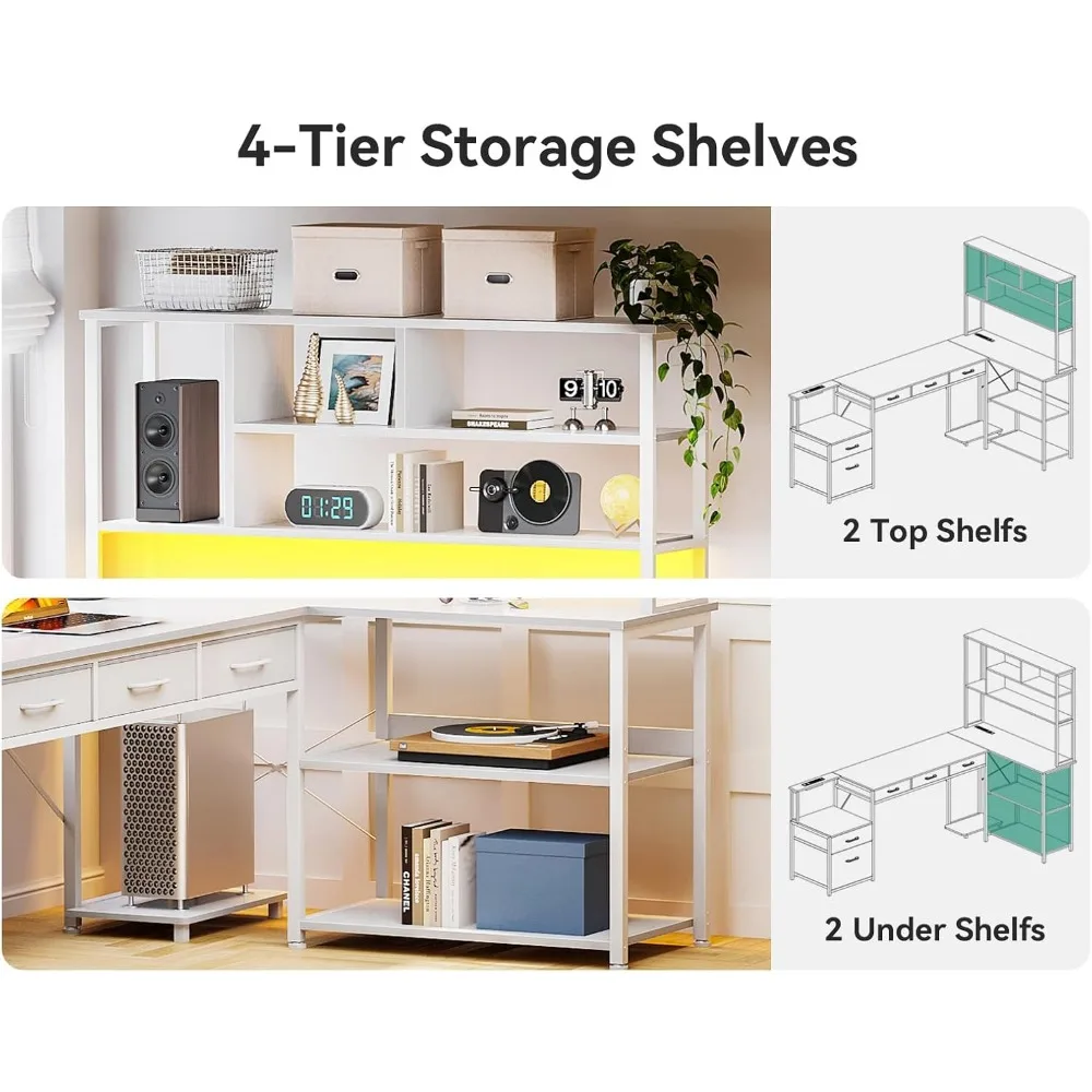 مكتب على شكل حرف L مقاس 79 بوصة مع أدراج ملفات، مكتب ألعاب على شكل حرف L قابل للعكس مع منافذ طاقة وأضواء LED، مكتب كمبيوتر مع St