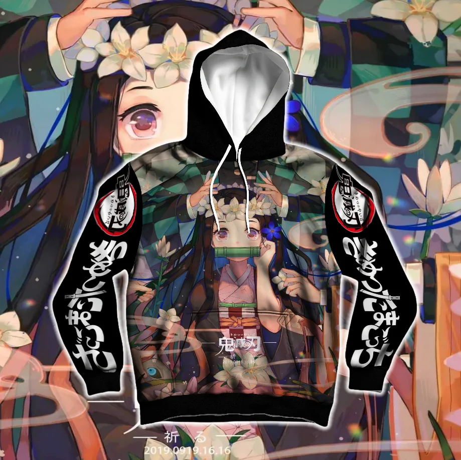 

25-26 Nezuko Kamado Demon Slayer: Kimetsu No Yaiba-Infinity Castle 3D Толстовка с капюшоном в стиле аниме с длинными рукавами и веером, повседневная мода, уличная одежда, топ