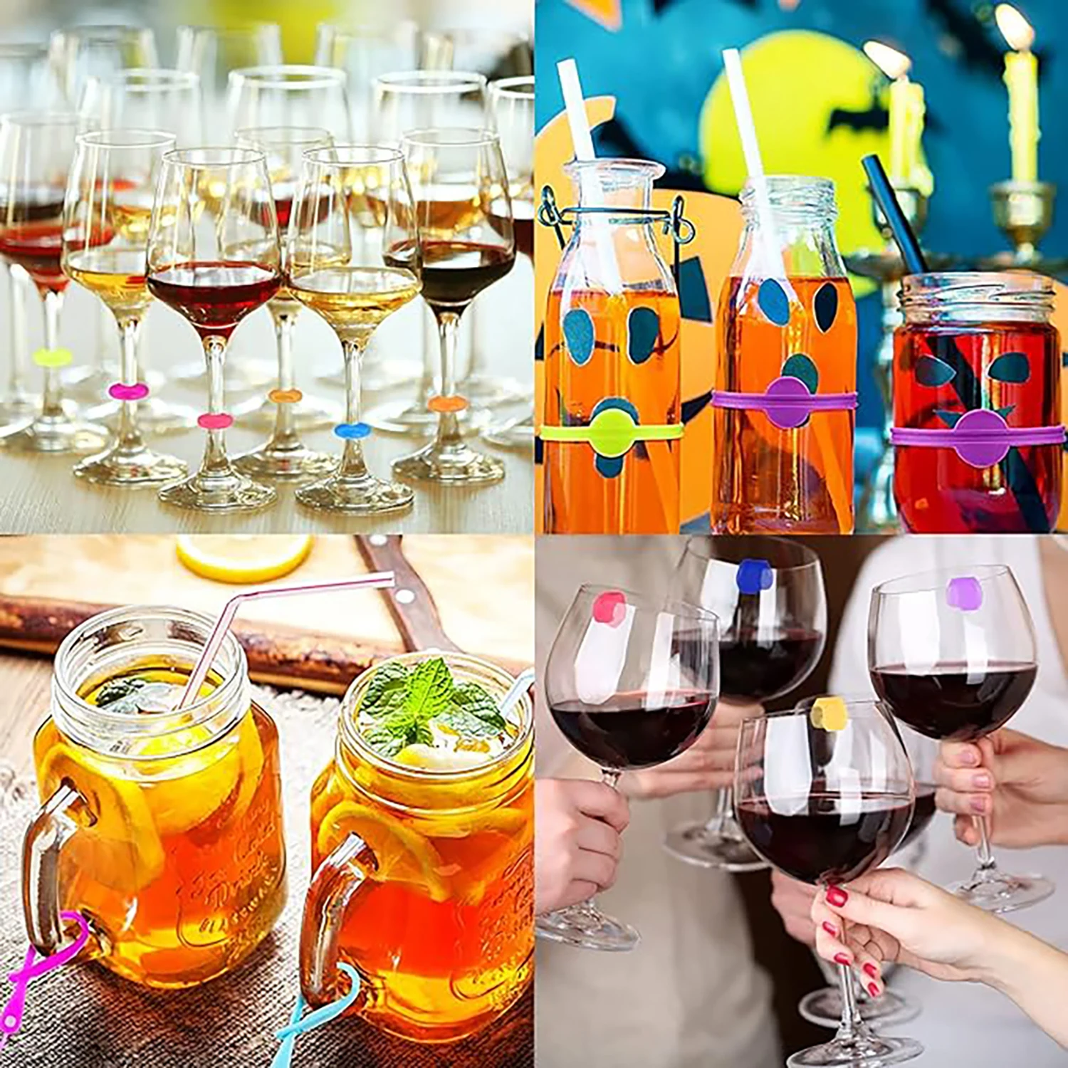 36Pcs Reusable Silicone Wine Glass Charms Drink Marker Bands Bottle Strip Tag Glass Identifiers for Bar Party Cocktail Champagne