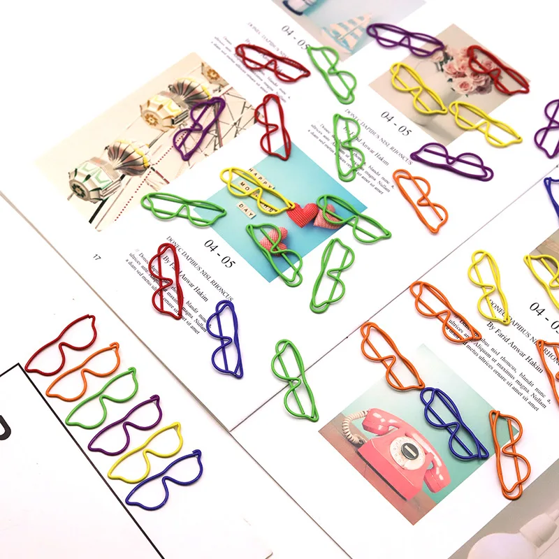 20pcs Metal Glasses Shaped Paper Clips Festival Gifts Office Stationery Colored Paper Clips Document Classification Clips