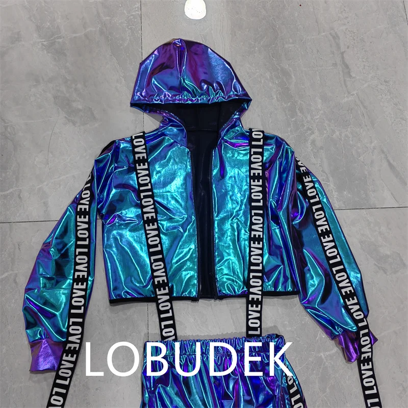 Equipo masculino Jazz traje de baile de Hip Hop estilo Punk carta vendaje láser chaqueta con capucha pantalones conjunto de 2 piezas club nocturno fiesta Rave traje