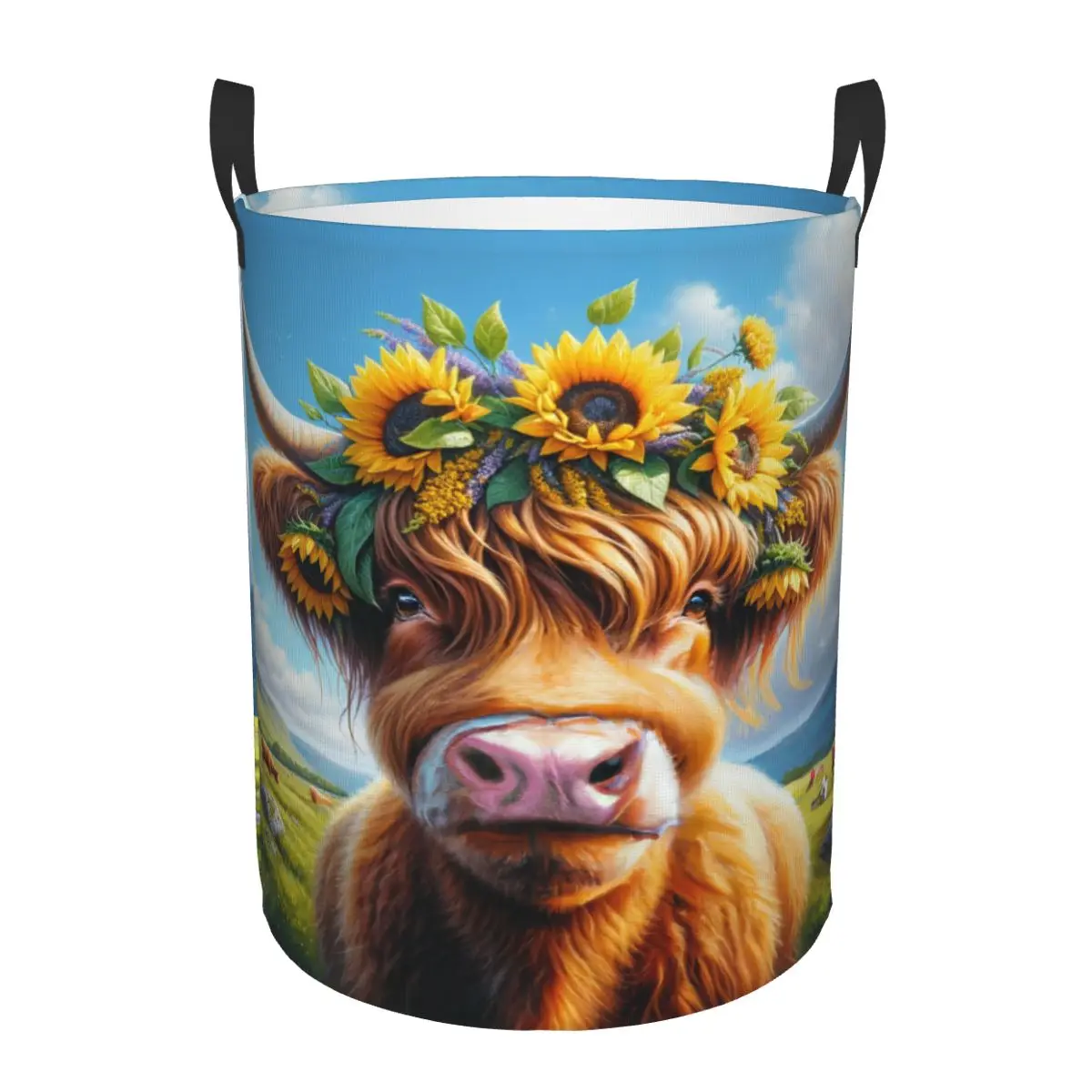 Custom Highland Cow And Floral Laundry Basket Foldable Clothes Hamper for Baby Kids Toys Storage Bin