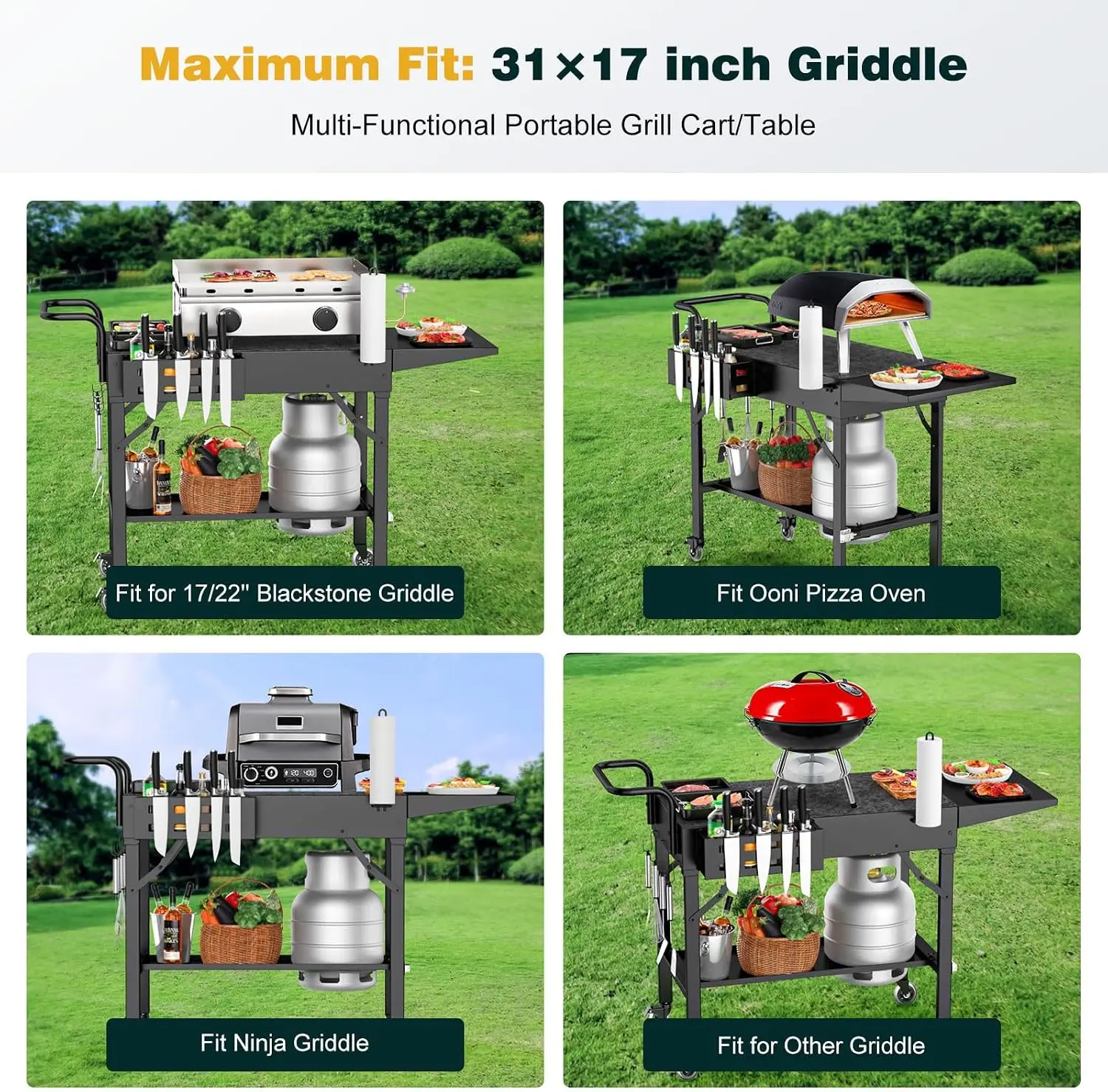 440lbs Outdoor Folding Grill Cart, Blackstone Griddle Stand | Griddle Table Stand for Onni, Food Prep Table with Wheels