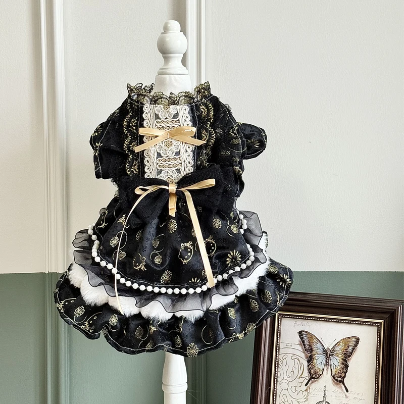 

Одежда ручной работы из чистого хлопка для щенков, роскошное черное платье принцессы с тонкой вышивкой для маленьких и средних собак, одежда для домашних животных