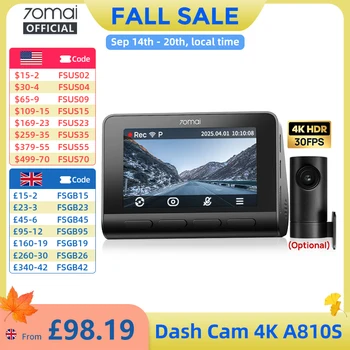70mai A810S 4K Dash Cam IMX678 Dual HDR Supercapacitor 4G LTE Remote Control Wi-Fi 6 5GHz Voice Control GPS ADAS Car Camera