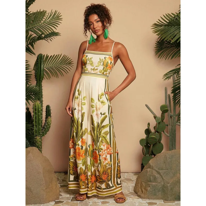 

Floral Print Slip Jumpsuit Low Waist Short Pants Women's One-Piece Suiting Spring Season Fashion Ladies' Clothing
