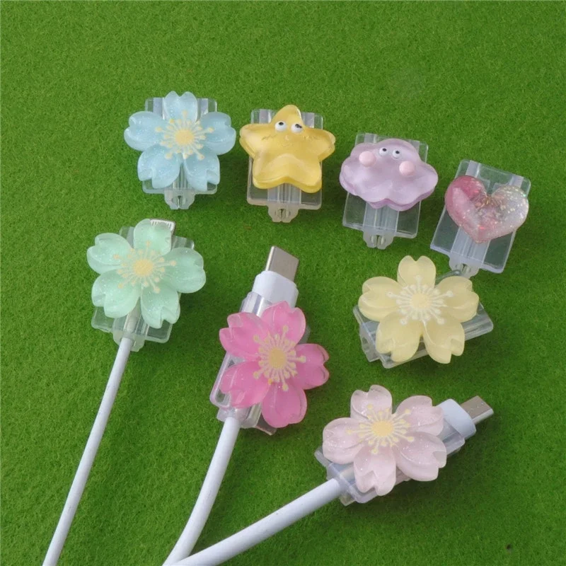 1/5Pcs USB Charger Cable Protector Data Line Cord Case Colorful Kawaii Flowers Soft TPU Cover for iPhone Android Type-C Charging