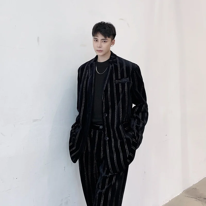 

Velvet Suit And Wide Leg Pants Set with Embellied Buttons for Men Faionable Spring Autumn High End Feel Hair St Appr...
