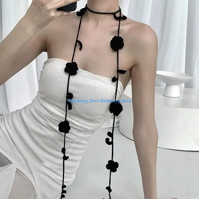 

573B Elegant Hand Knitted Scarve Flower Decoration Scarf Thin Narrow Long Scarf for Daily Use