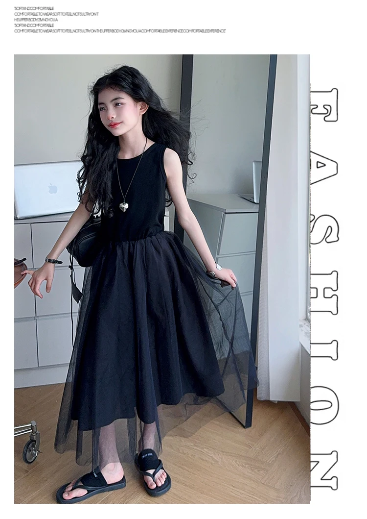Schwarzes, rückenfreies, einteiliges Tüllkleid für Teenager-Mädchen, ärmelloses, langes Patchwork-Gaze-Kleid für Kinder, Sommerkostüm. – Detail 5