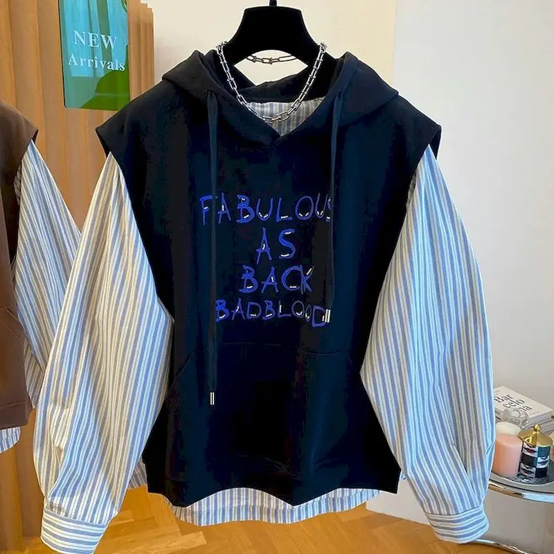 Oversized Hoodies Women Korean Loose Hoodie Fashion Striped Shirt Patchwork Hooded Coats Fake Two-piece Tops Spring Autumn Trend