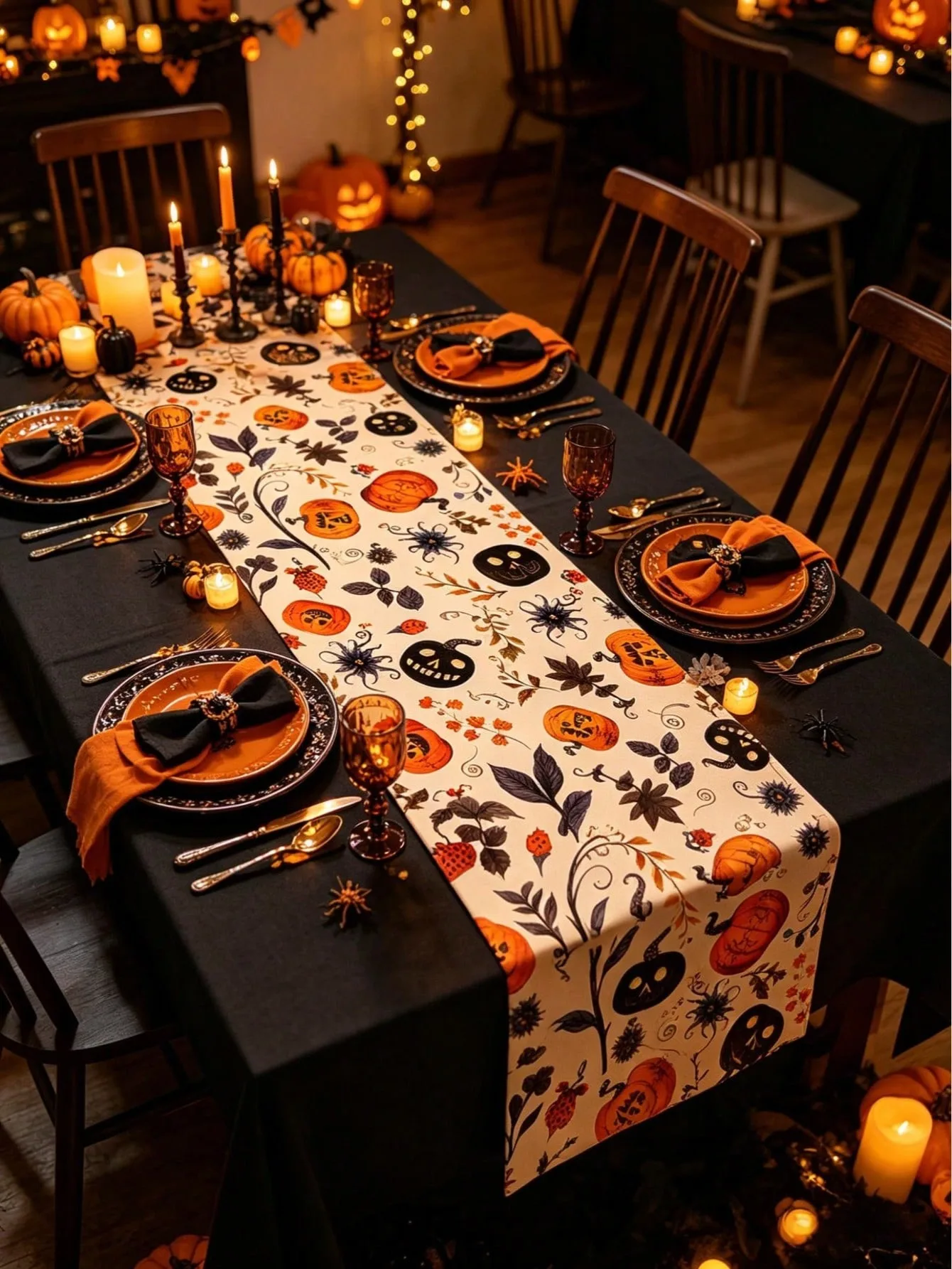 Halloween-Tischläufer mit Hexen-, Geister-, Kürbis- und Ahornblatt-Motiv, Kaffee-Sideboard-Deko, Süßes oder Saures Party-Tischdekoration