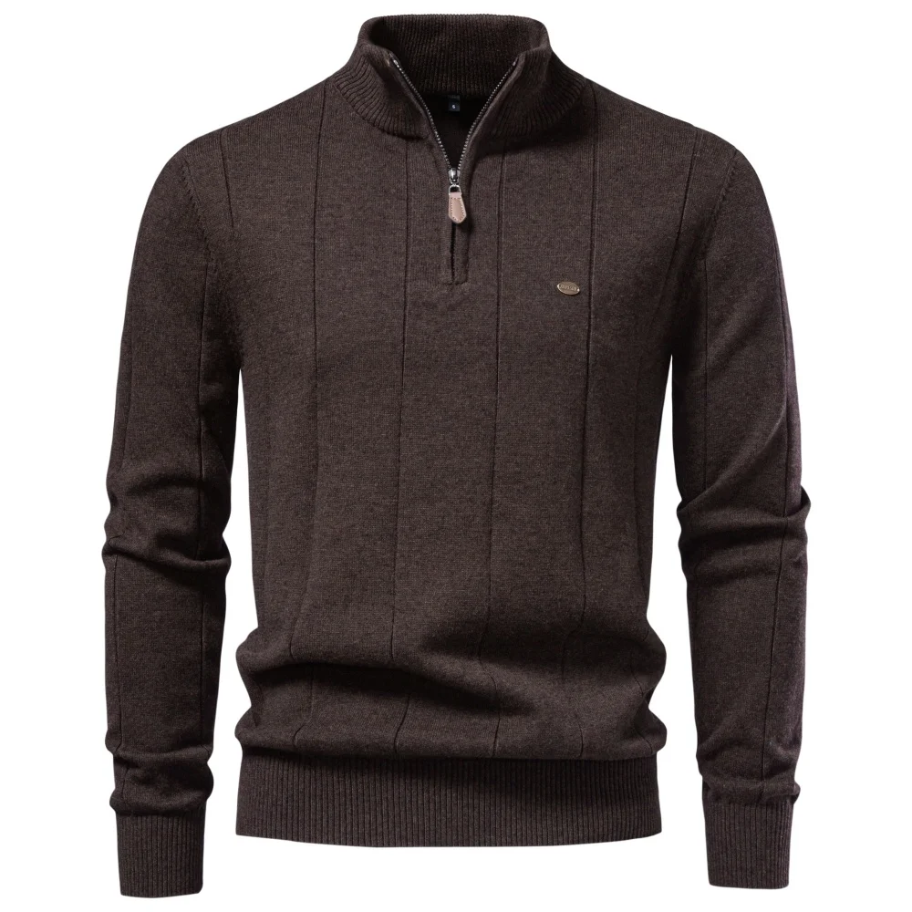 AIOPESON Herren Baumwolle Einfarbiger Casual Pullover mit Halbem Reißverschluss, Stehkragen, Gerippter Strickpullover, Herbst Winter Herren Langarm Slim Fit – Detail 9