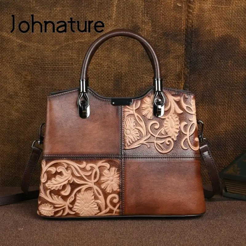 Johnature 2024 New Genuine Leather Women Bag Retro Embossed Handbag Hand Brushed Versatile Real Cowhide Leisure Shoulder Bags