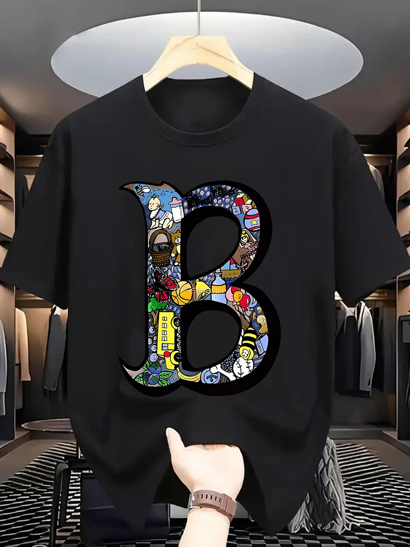 Summer Casual Crew Neck T-Shirt for Men Polyester Knit Fabric with Slight Stretch Regular Fit Short Tee with Alphabet Print
