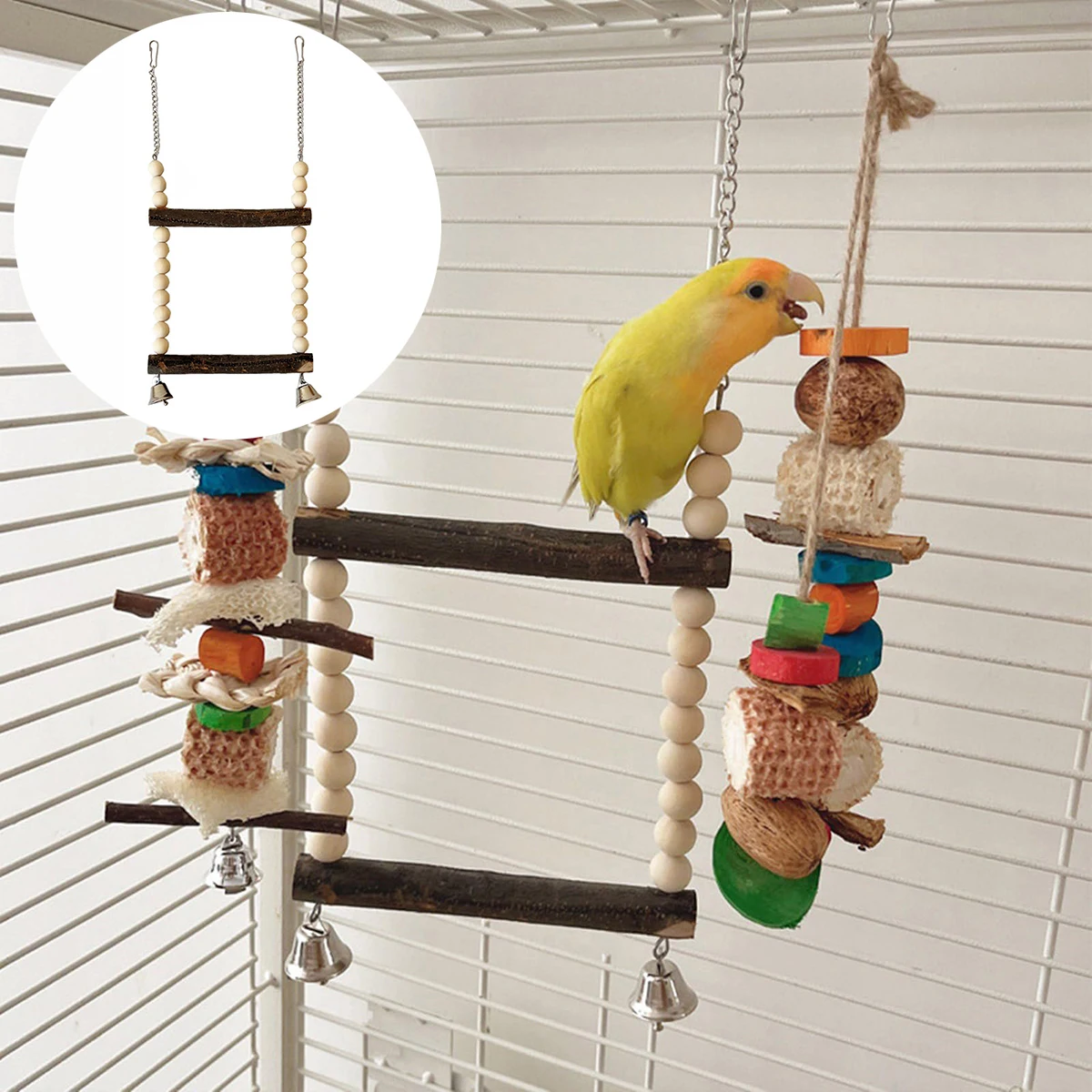 Bird Swing For Two Birds, Wooden Bird Swing With Bell Toy, Hanging Swing, Seat Swing For Small Birds And Parrots (15Cm)