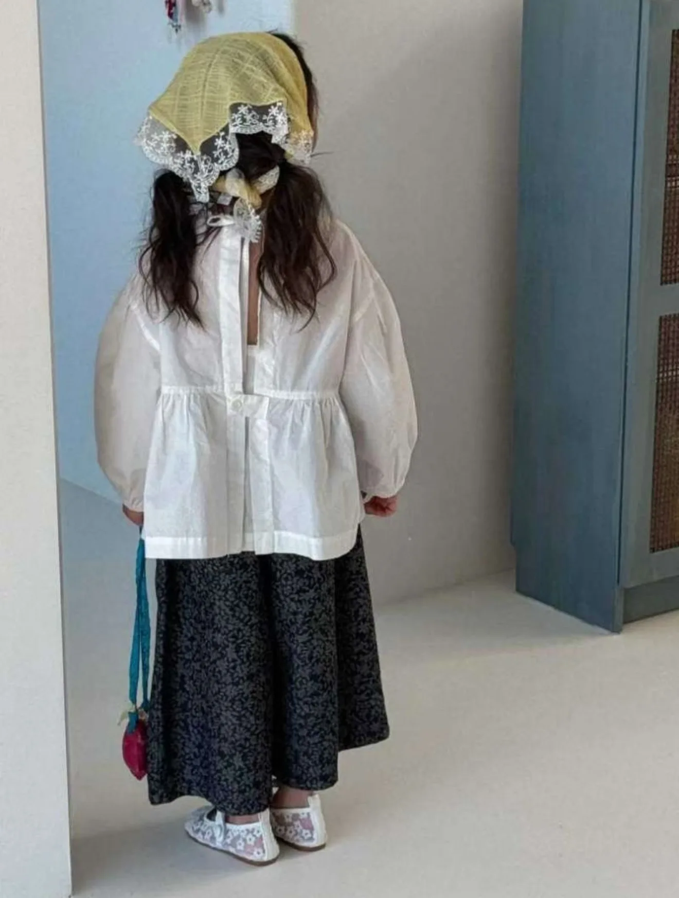 Stylish Korean Girls Spring Fall Loose Design Patch Simple Doll Shirt + Floral Wide Leg Pants Two Piece Set