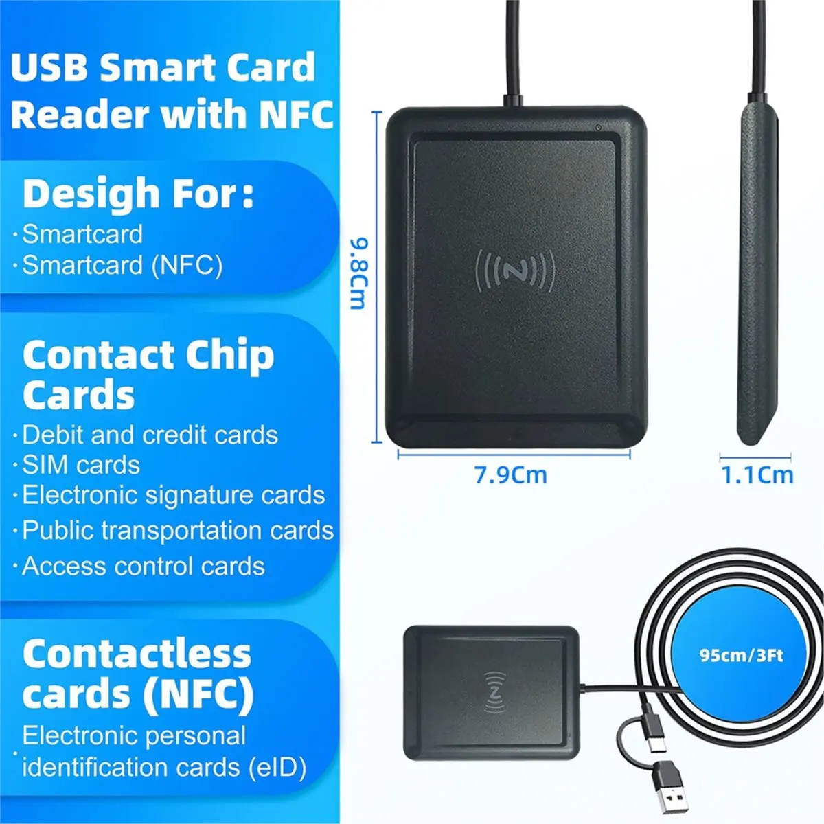 Reader Type-C 2-in-1 Multi IC ID Smart Card Reader for Secure Authentication