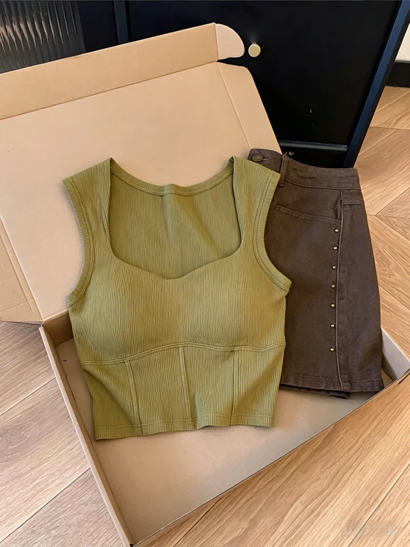 

Summer New Pure Color Knitted Vest Women's Short Square Collar Inner Wear Korean Style Slim Fit Silk Top No Brand