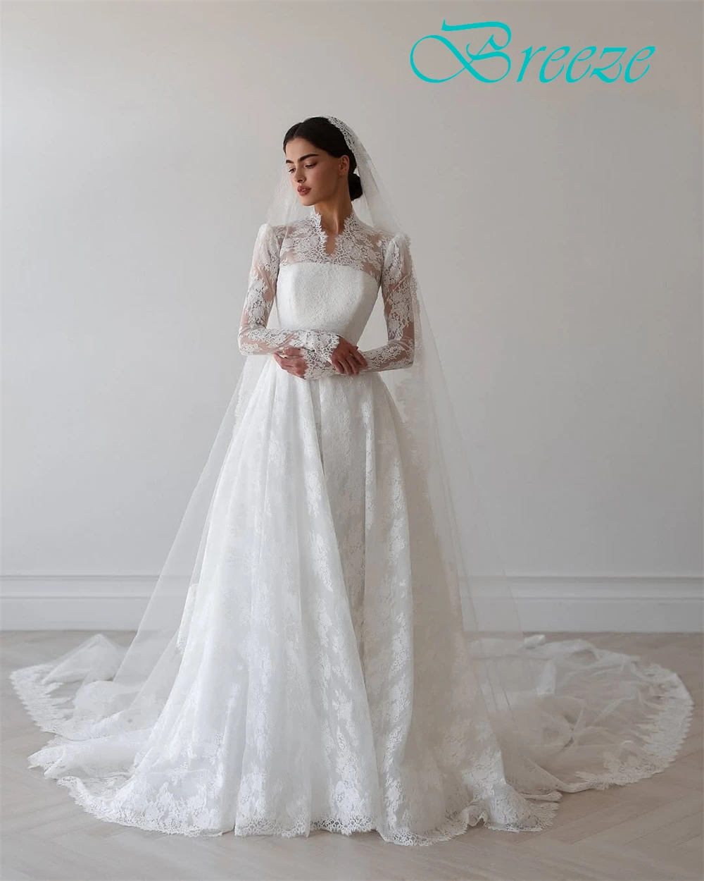 Aangepaste elegante witte kanten trouwjurk formele v-hals lange mouwen bruidsjurken dromerige a-lijn rechter trein vestido de novia