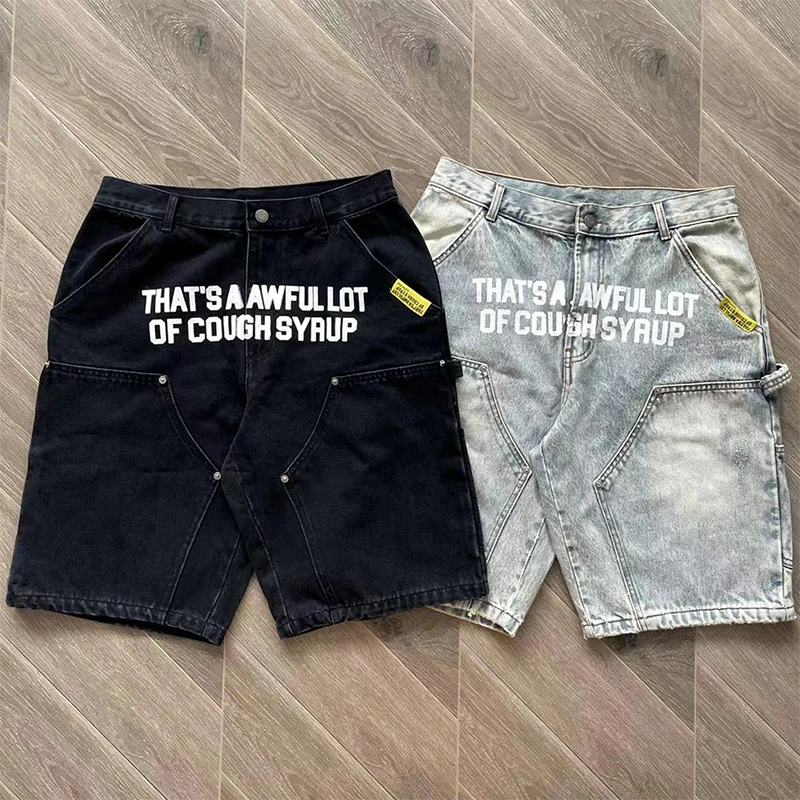 That's A Awful Lot of Cough Syrup Denim Shorts Letter Logo Printed Casual Washed Jeans