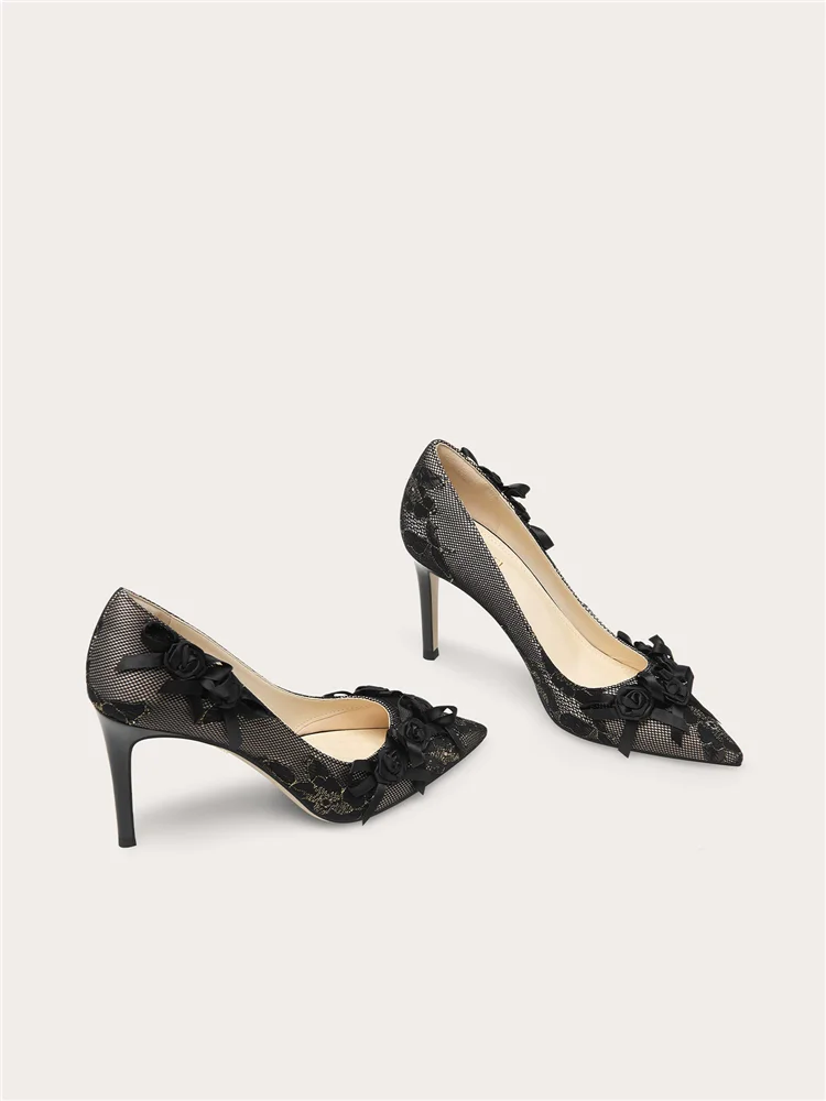 Autumn new pointed shallow mouth lace sequin bow rose wedding shoes banquet large size small size widened high heels women shoes