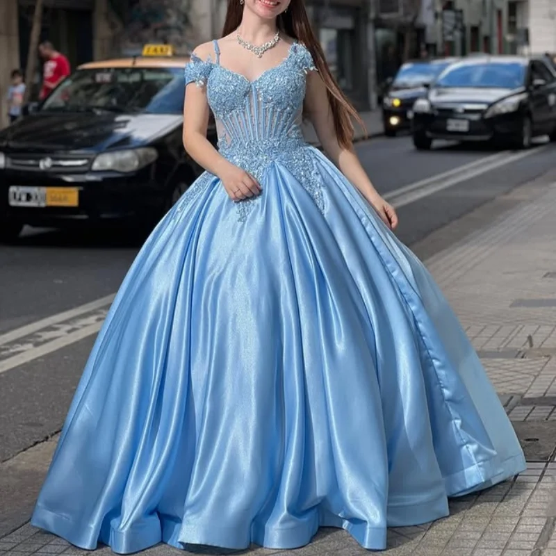 

Sky blue satin evening dress ruffle Luxury Beading Appliques Sparkly layering Sequin Gown Customized