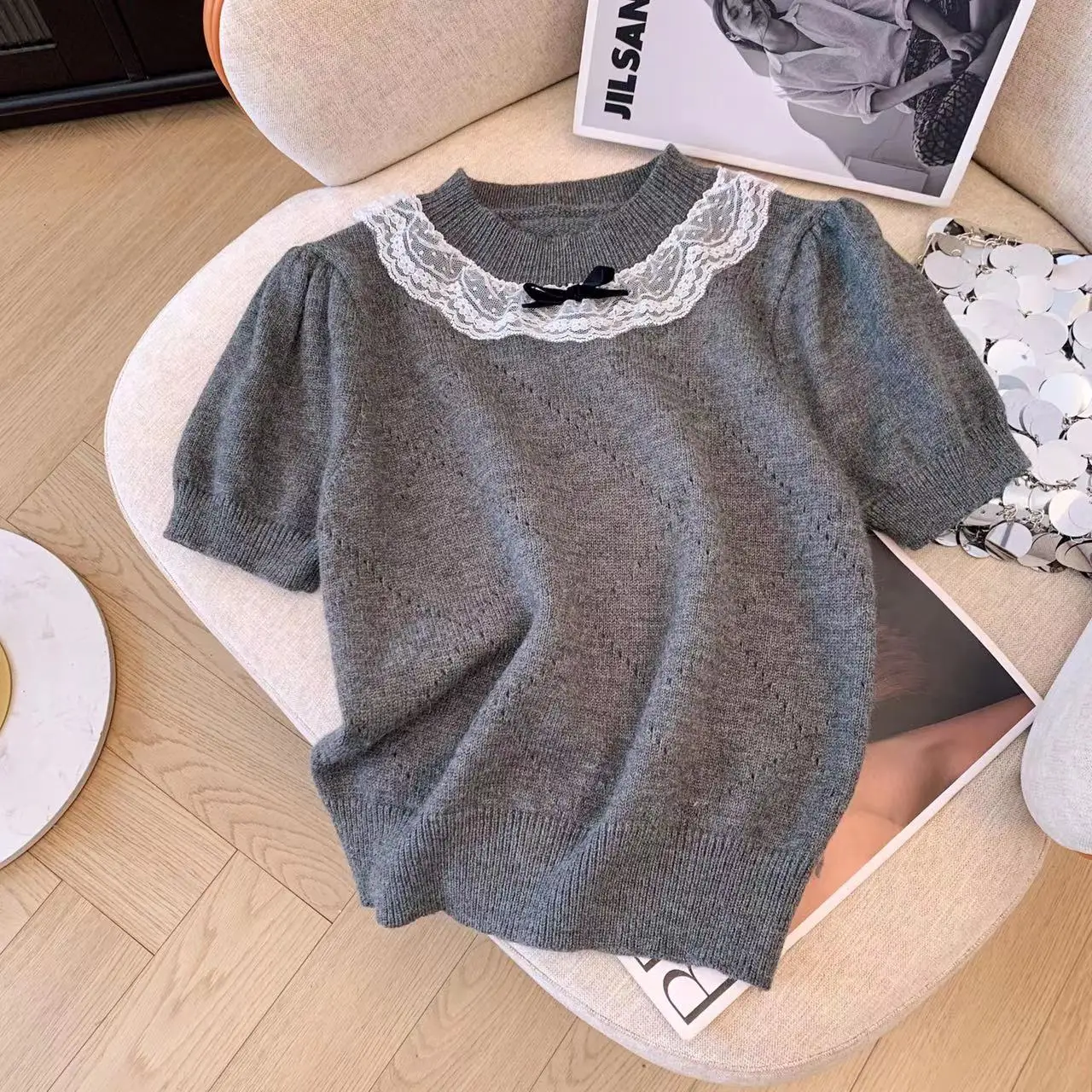 Grey Korean Style Sweater Pullovers Women Knitted Tops Short Sleeve Lace Bow O-neck Knitwear 2024 Summer Elegant Fashion Jumpers