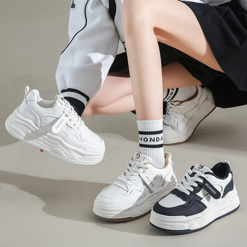 White Shoes for Women 2024 Spring Women's Casual Shoes Round Toe Lace-up Sneakers Thick-soled Platform Shoes for Women Versatile