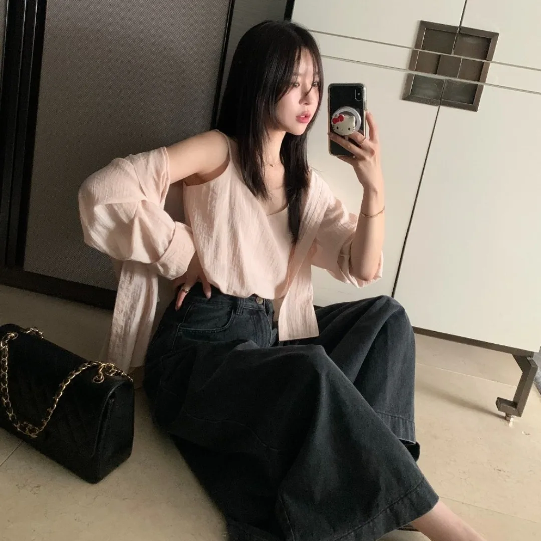 Fall Korean Style Long Sleeve Shirt + Loose Versatile Strap Top Two-Piece Set Women's Fashion Casual Wear Comfortable Fit