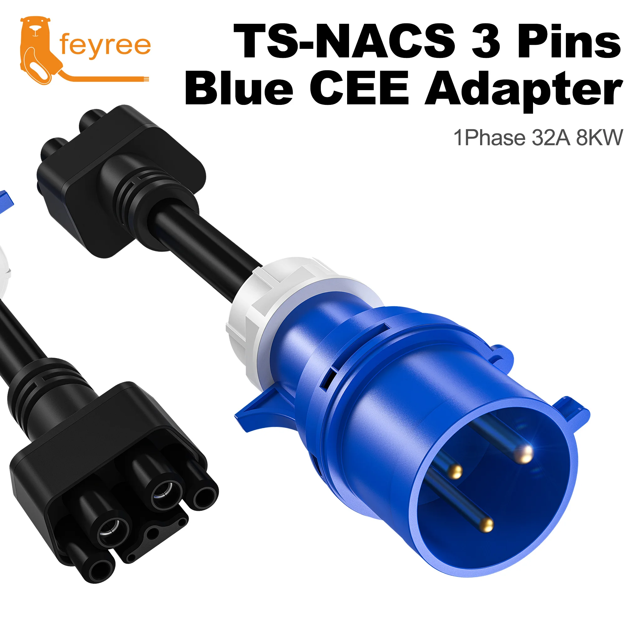 Feyree For Tesla 3 pin Blue CEE Adapter Tesla Model S,3,X,Y Gen 2 EV Charger Extension Cord Connector 240V Outlet at 32A 10Inch