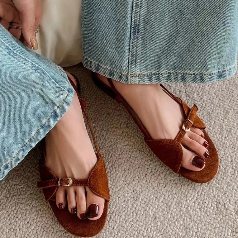 Women\'s Fashion Sandals New Summer Round Head Soft Frosted Open Toe Hollow Belt Buckle Flats