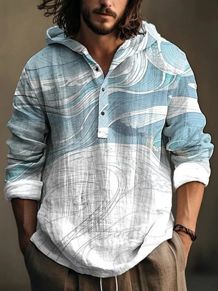 

Bohemian Ocean Wave Printed Hoodie Shirts Autumn Long Sleeve Henley Neckline Men's Blouse Oversized Drop Shoulder Tops Tunics