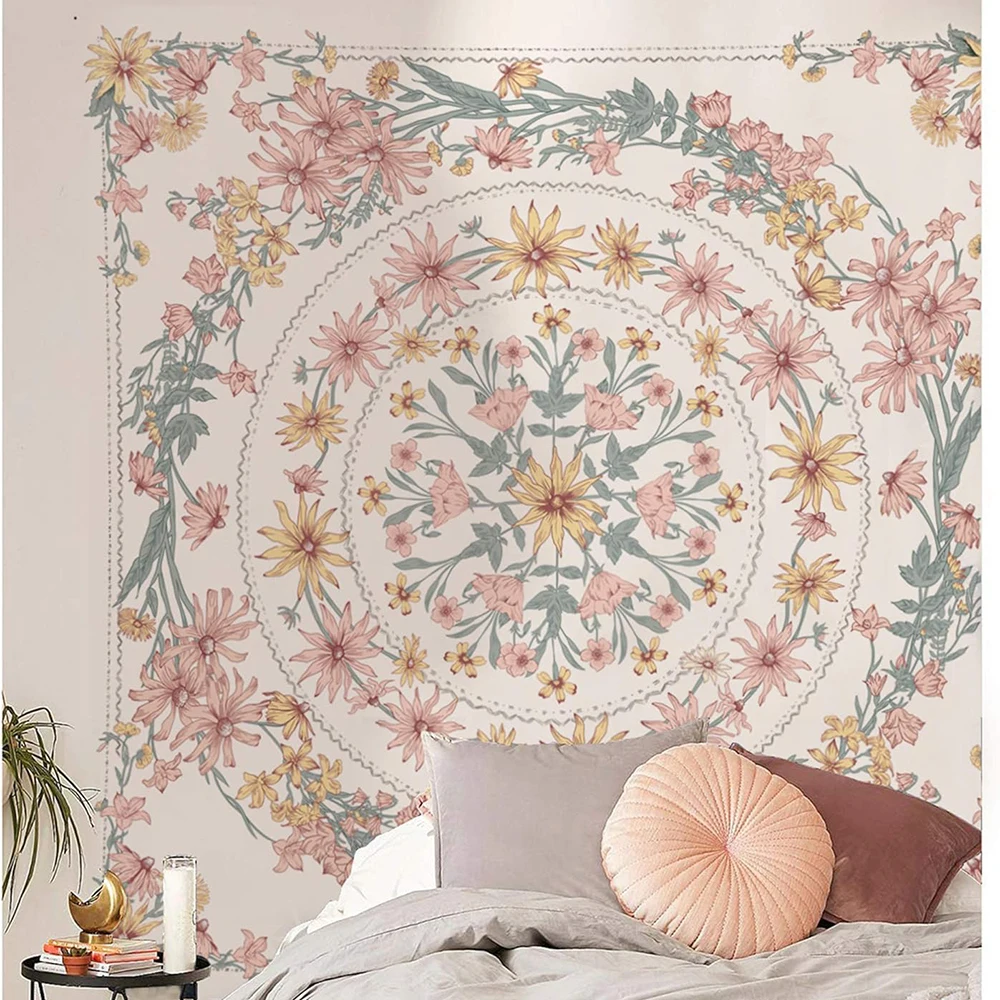 1 Pink Bohemian Tapestry Wall Hanging, Mandala Flower Medal Hippie Tapestry and Light Brown Aesthetic Wreath Design, Cream Wall Decorative Blanket, for Bedroom and Home Dormitory