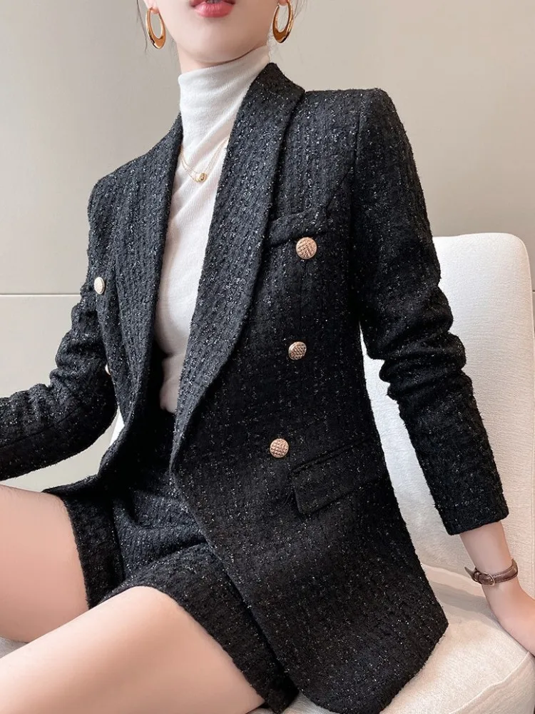 Autumn Women Double Breasted Tweed Suit Jacket High Waist Shorts Two Piece Set Office Lady Slim Fit Elegant Casual Suits Sets