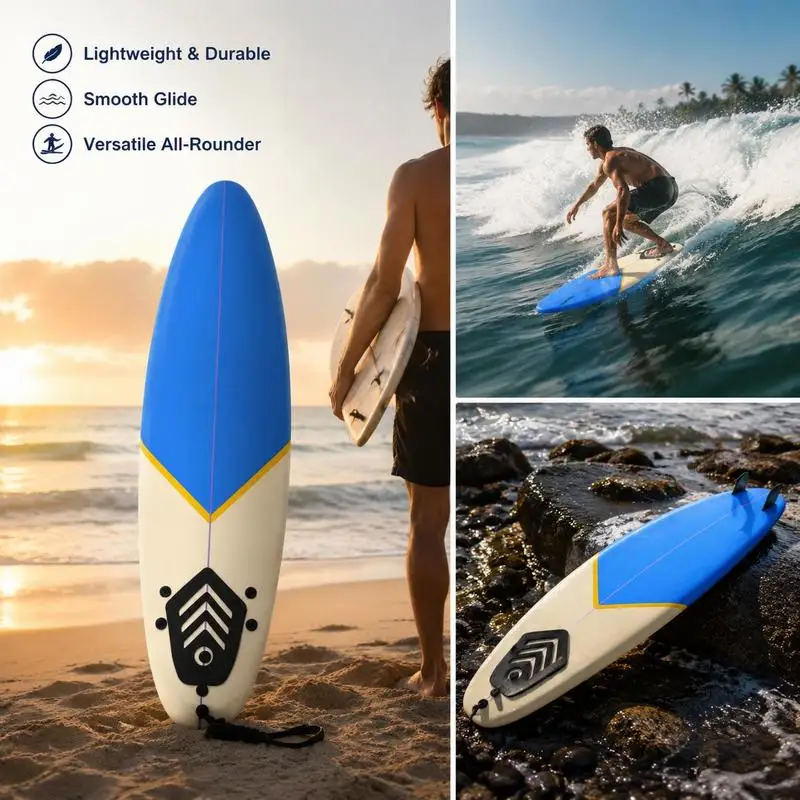 Planche de surf 170 cm bleu crème pour débutants et avancés, longboard léger en résine époxy, idéal pour le surf sur la plage, design avec quille centrale et deck souple, facile à transporter et à ranger