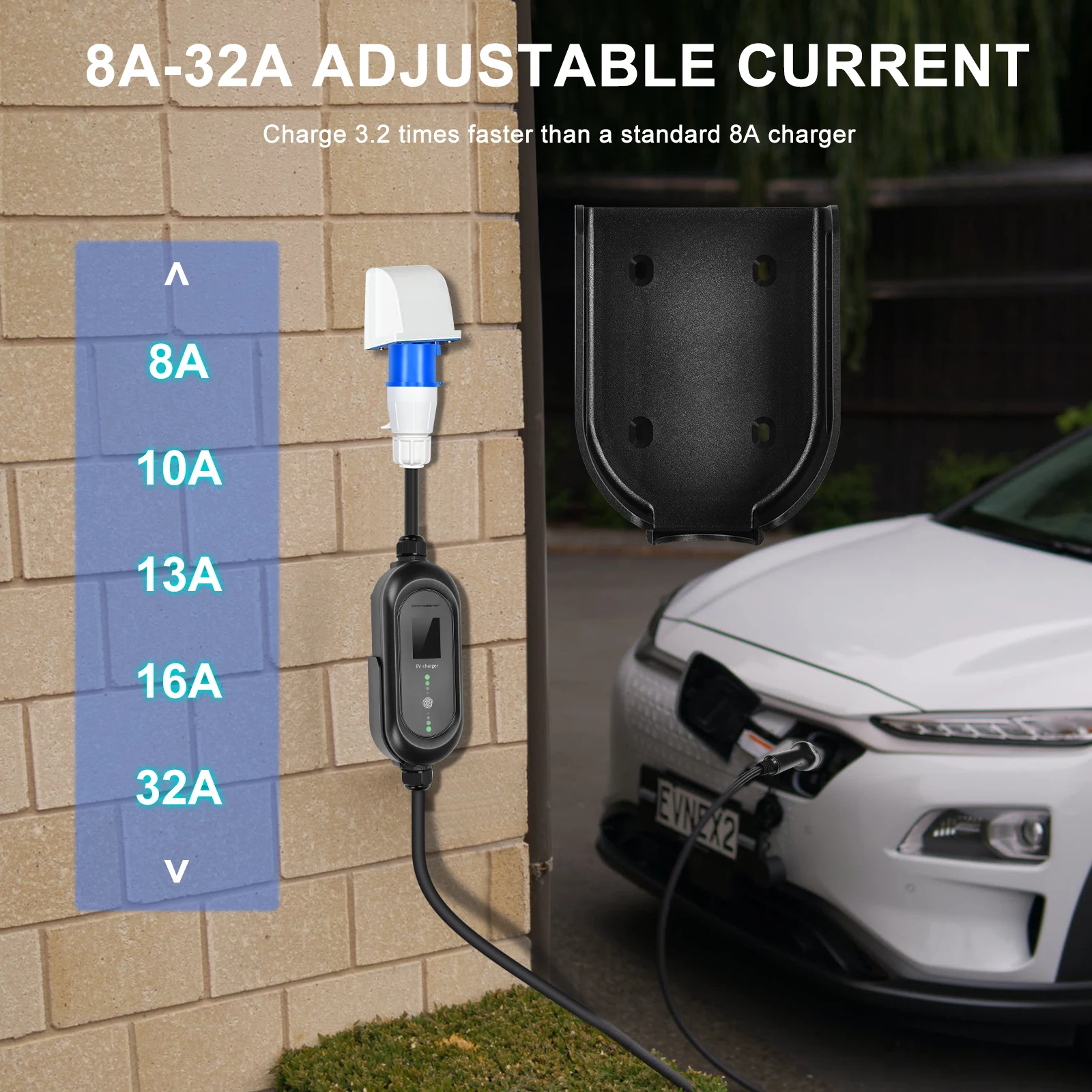 7KW Type 2 EV Charger Cable CEE 32A Model 2 IEC 62196-2 Delay Timer Adjustable Current 8A 10A 13A 16A 32A Portable EV Charger