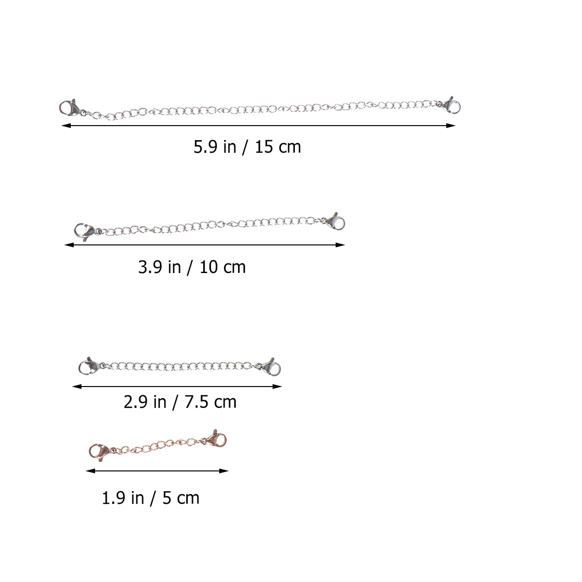 

12pcs Lobster Clasp Extender Chains Set 50mm 75mm 100mm 150mm Silver Stainless Steel Necklace Bracelet Adjustments Jewelry