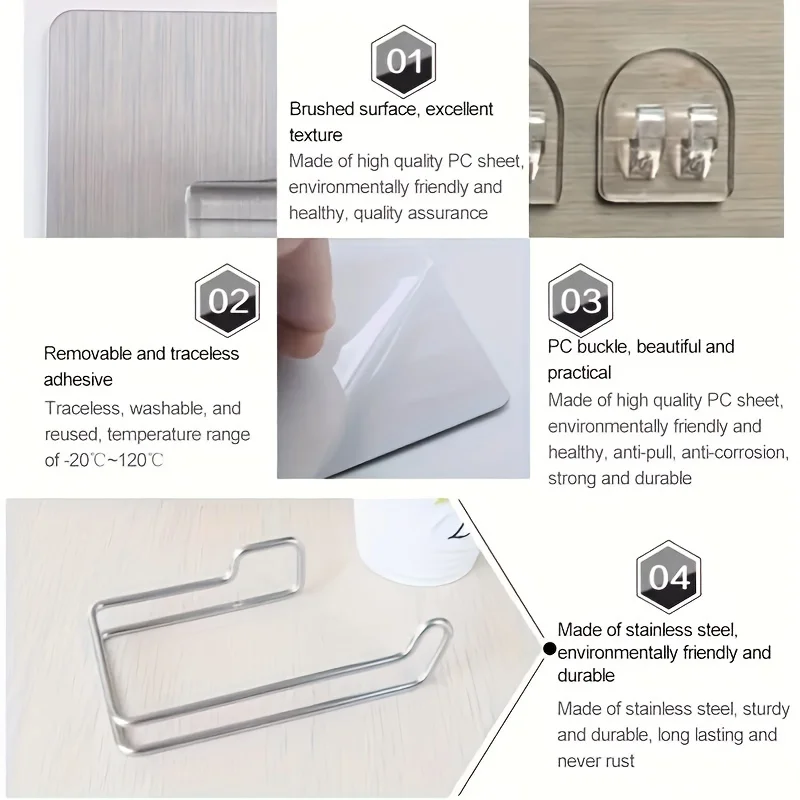 1pc Tissue Dispenser Multifunction Toilet Kitchen Roll Paper Holder,Stainless Steel Repeatedly Washable Stick Hooks Rack