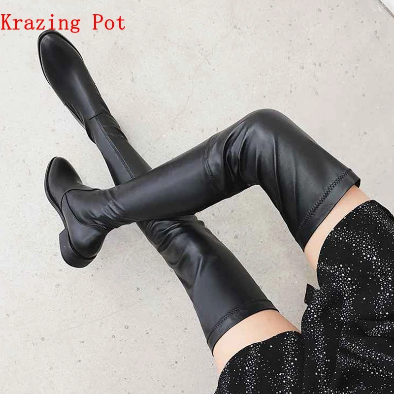 Krazing Pot 2025 Big Size 42 Cow Leather Flock Round Toe Stretch Over-the-knee Boots Thick Heels Solid Thin Leg Thigh High Boots