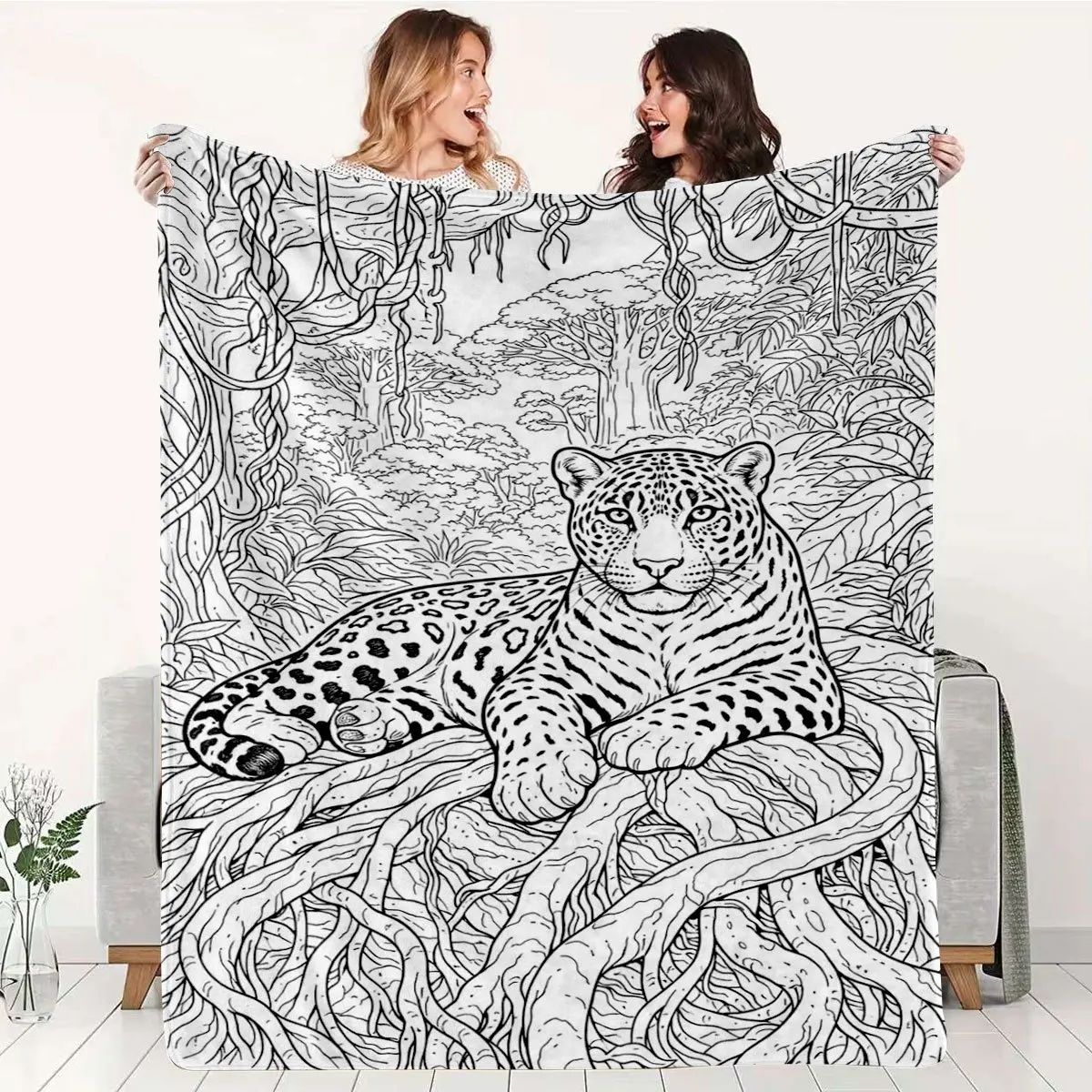 Hot Style Jungle Cheetah Black And White Line Drawing Pattern Fleece Blanket, Western Style Filled Theme Adult Stress Relief Nap