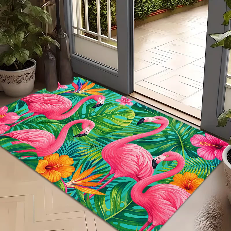 Vibrant Flamingo Tropical Floral Printed Doormat Entrance Mat Jungle Leaf Design Waterproof Porch Home Decor Rug Gift