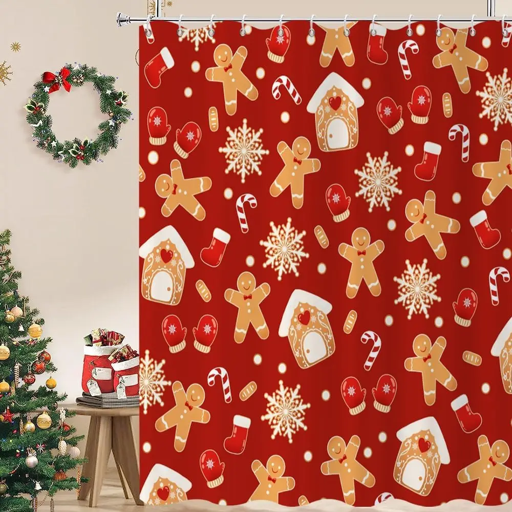 Christmas Gingerbread Shower Curtain, Red Xmas Cartoon Cute Gingerbread Man House Snowflake Winter New Year Holiday Bathroom